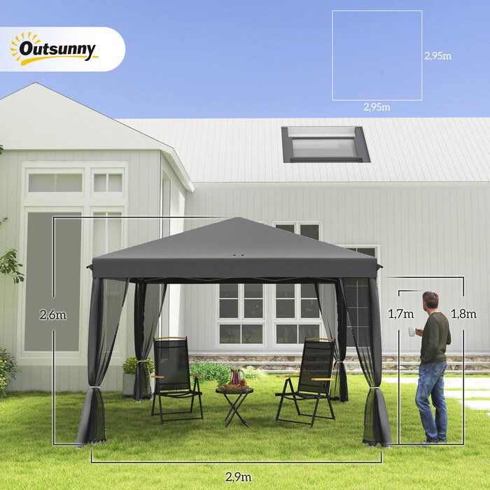 Outsunny Folding Gazebo, Folding Tent 3x3m with Side Walls incl. Carrying Bag Metal and Oxford light grey and black for Garden and Events