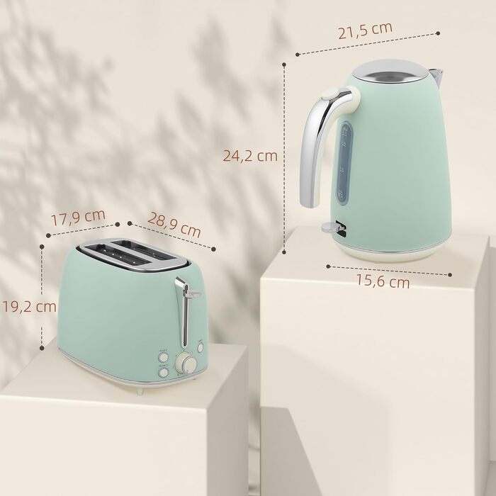Набір чайник та тостер HOMCOM з нержавіючої сталі, 2200 Вт, 1.7 л, 2-слотовий тостер, 7 рівнів підсмажування, швидкий нагрів, термостат Strix, фільтр від накипу та піддон для крихт, зелений