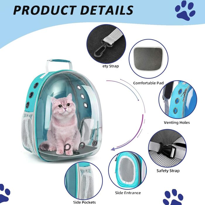 Рюкзак-переноска для котів та маленьких собак, розширюваний, з прозорим вікном та блискавкою, для подорожей та походів (розширювана спинка), блакитний