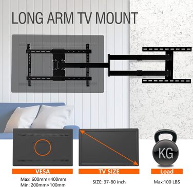 Настінний кріплення для телевізора поворотний, 1200 мм, для LCD/LED/OLED TV 37-75 дюймів, кріплення для телевізора, MAX VESA 600x400 мм, до 45 кг