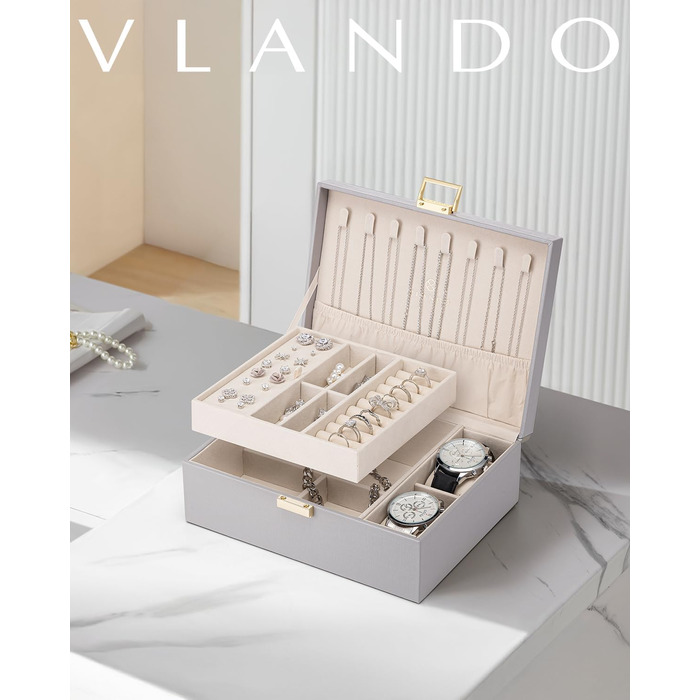 Скринька для прикрас Vlando, сіра, 2 рівні, для годинників, кілець, сережок, намист, шкіряна