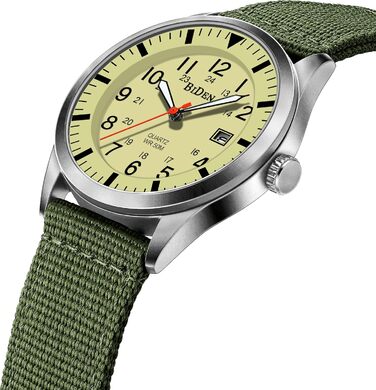 HANPOSH Годинник чоловічий військовий тактичний з датою, водостійкий 3ATM, кварцовий (зелений, срібний, жовтий)