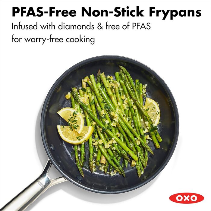 Набір кухонного посуду OXO Agility Tri-Ply з нержавіючої сталі, 13 предметів: каструлі, сковорідки, суповарка. Сумісний з індукцією, антипригарне покриття без PFAS, рівномірний нагрів, 5.7 л, нержавіюча сталь