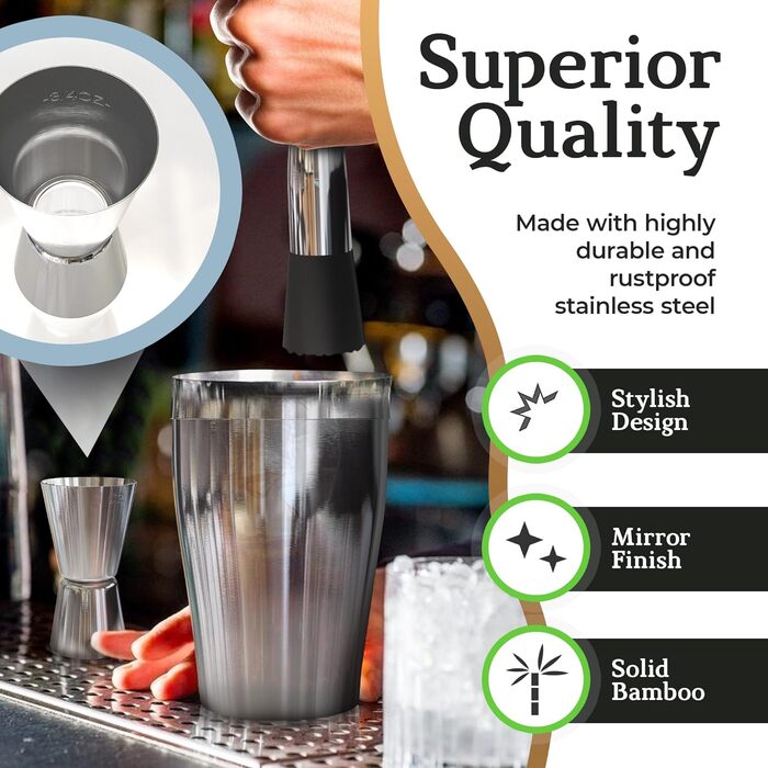 Набір шейкерів для коктейлів Highball & Chaser: професійний барний набір для приготування коктейлів + електронна книга з 30 рецептами (срібло)