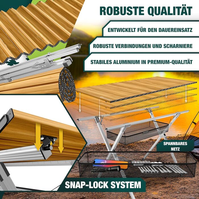Складний кемпінговий стіл KESSER® 120x70 см з алюмінієвим каркасом та стільницею під дерево, до 100 кг, з сумкою для транспортування