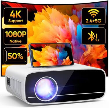 Проектор AKATUO Mini Beamer 4K з підтримкою 5G WiFi Bluetooth, 15000L, 1080P, 50% Zoom, для дому та на вулицю, сумісний з телефоном, HDMI, USB, ноутбуком, Fire TV Stick