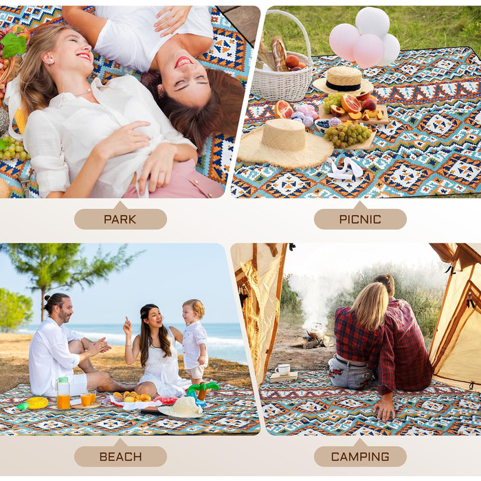 Килимок для пікніка SOMLAW вологостійкий, великий (200x200 см) для 4-6 осіб, з ручкою, Boho стиль, ідеальний для кемпінгу та пляжу