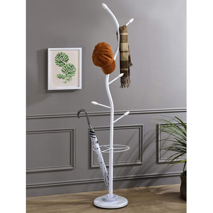 IDIMEX Clothes Rack Coat Stand Triana with 6 Clothes Hooks and Umbrella Stand, White Lacquered