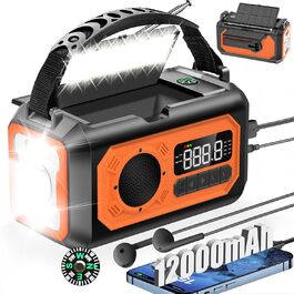Радіоприймач Kurbelradio на 12000mAh з ручним зарядним пристроєм, сонячною панеллю, AM/FM, радіо для надзвичайних ситуацій, 7-в-1, SOS, ліхтарик, роз'єм для навушників, компас, ліхтар, оранжевий