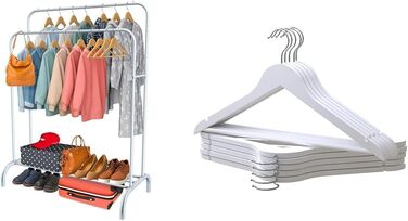 Стійка для одягу PORTENTUM зі сталі, до 35 кг, з подвійною перекладиною та полицею для взуття. Зі стійкими ніжками, захистом від скользнення та швидким монтажем. Без вішалок (біла, з 10 дерев'яними вішалками)