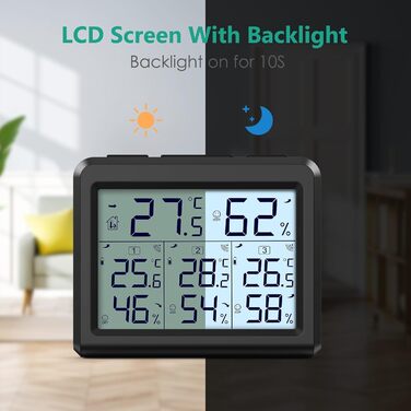 ORIA Digital Thermometer, Indoor/Outdoor Thermometer with 3 Outdoor Sensors, Backlight & Large LCD Display, Min/Max Records, ℃/℉ Switch, Ideal for Office, Home (Black)