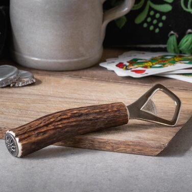 Bottle opener made of stag horn, with a handle made of genuine horn, traditional-style capsule opener, silver-plated decorative cap with edelweiss motif, ideal for traditional dress enthusiasts and hunters, as well as for a rustic home.