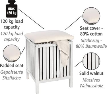 WENKO Badhocker Norway with Laundry Hamper, Storage Ottoman with Padded and Flip-Up Seat as Lid, Solid Walnut Wood, Oiled, Capacity 65 L, (W x H x D): 39 x 52 x 39 cm, Natural (White)