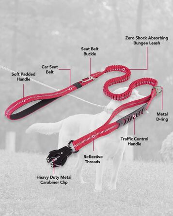 Тактична повідок для собак Joytale, еластична повідок з 2 м'якими ручками, страхувальний ремінь для авто, повідок без ривка для середніх, великих та екстра-великих собак (1.2м-1.8м, світиться рожева)