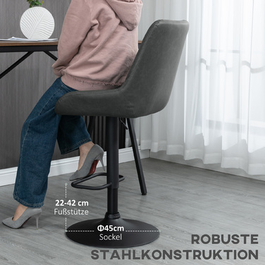 HOMCOM 2-Piece Adjustable Height Bar Stool Set with Backrest, Faux Leather Dark Grey for Bar and Kitchen