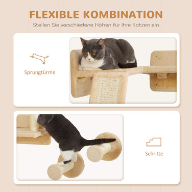 PawHut Комплект для котячого лазіння, 3 шт., котячі меблі з дряпальною дошкою, стрибковими платформами, стовпчиком для дряпання, іграшковою кулькою, для котів вагою до 5 кг, сизаль, бежевий | Aosom