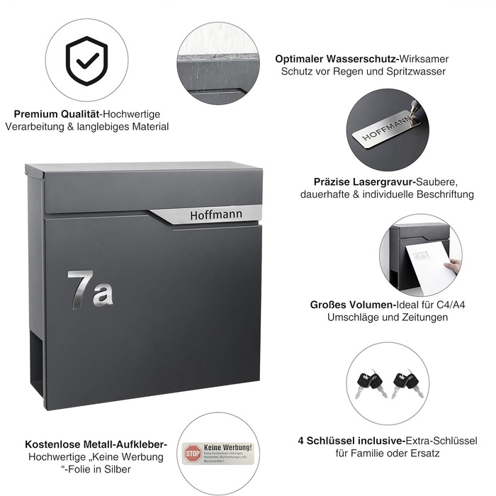 Поштовий ящик Zedelmaier з газетницею Anthrazit RAL 7016: Персоналізований настінний поштовий ящик з нержавіючою табличкою та 3D номером будинку, сучасний, стійкий до погодних умов, подвійне порошкове покриття