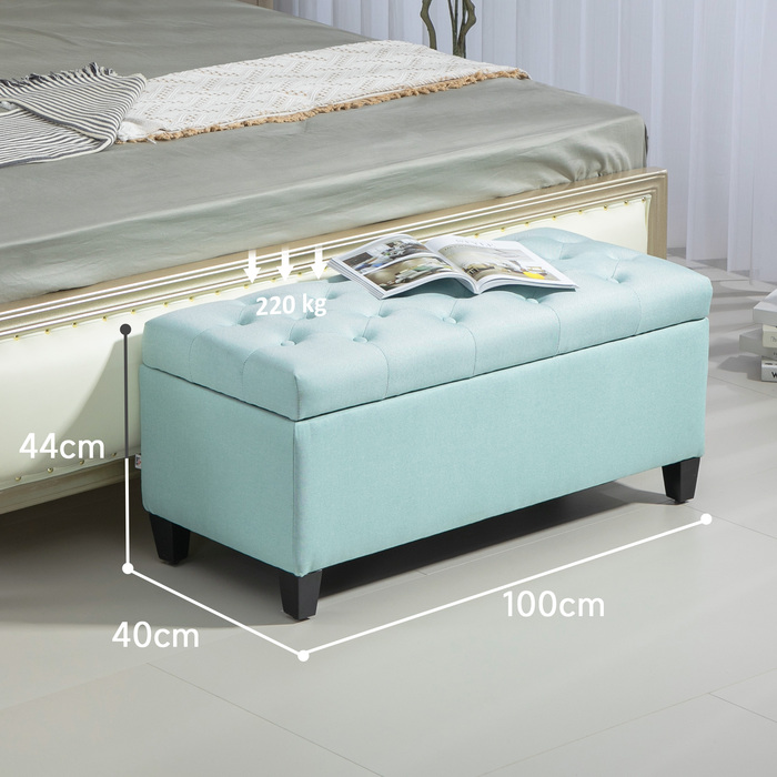 HOMCOM Bench with Cushion and Storage Space, Chest Bench, Entryway, Bedroom, Living Room, Linen-like Polyester, Rubber Wood, Green, 100 x 40 x 44 cm | Aosom