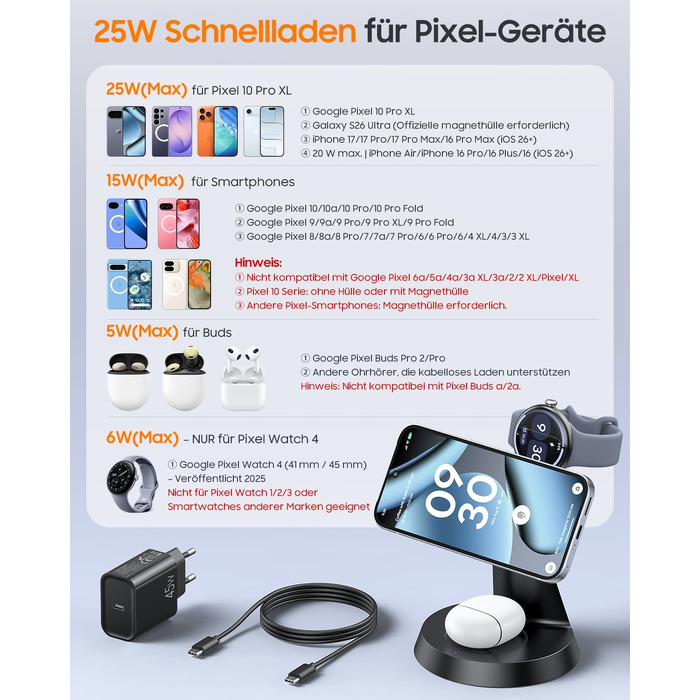 Бездротова зарядна станція 3 в 1 Meifigno 25W для Google Pixel Watch 5 та 4, чорна
