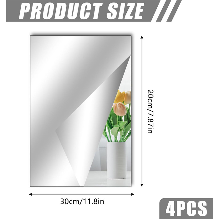 Клейкі дзеркальні наклейки на плитку, 4 шт. - акрилові дзеркала для школи, дому, ванної кімнати (30 x 20 см, прямий кут)