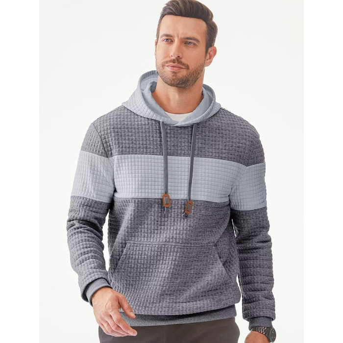 Худі чоловіче з довгим рукавом, теплий світшот з капюшоном, кольоровий блок, модель A (темно-сірий, L)