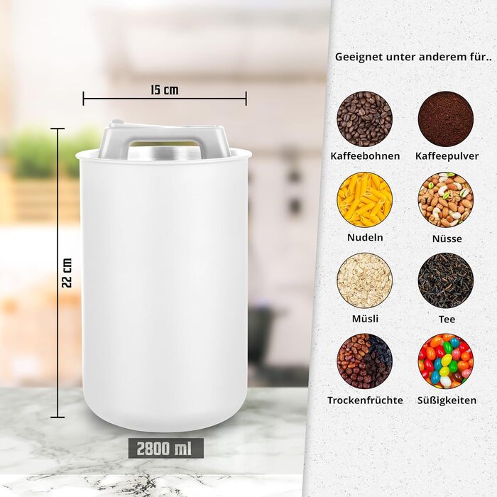 Контейнер для кави KC Kitchen & Co. на 1 кг, нержавіюча сталь, вакуумний клапан, 2800 мл, матовий білий