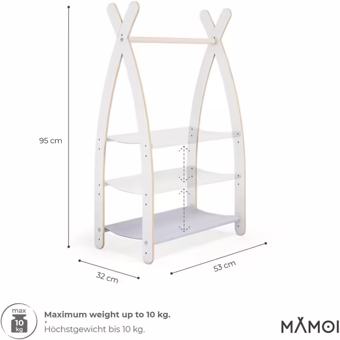 MAMOI® Clothes Rack Baby Nursery | Children's Clothes Rack 106x95x32cm / 53x95x32cm | Children's Clothes Stand Baby | Coat Rack | Baby Wardrobe | Children's Wardrobe | 100% ECO | Made in EU (1 Module - 1 Shelf, White - Light Grey)