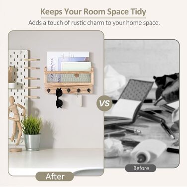Brief and key holder for wall decoration, 27.9 cm (11 inches) wooden wall key organizer with 5 key hooks, wall mount, storage shelf for entryway, hallway (white) (wood)