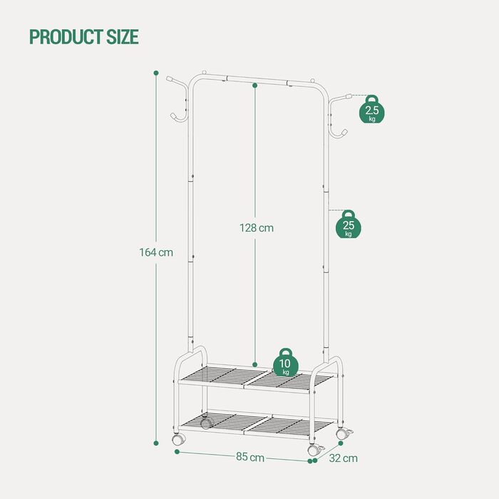 Clothes Rack with 2-Tier Shelf, 3-in-1 Design, Clothes Stand with 4 Wheels, Coat Rack with 4 Hooks for Bags, GR07499A (Black)
