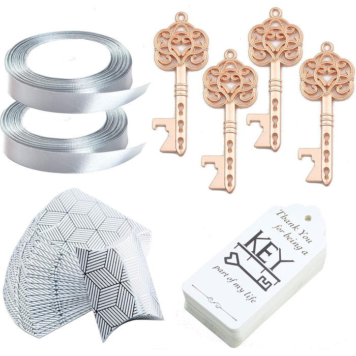 Makhry 50 Pcs Vintage Key Bottle Openers Wedding Key Skeleton Key Bottle Openers Wedding Favors Set with Pillow Boxes and Label (Rose Gold)