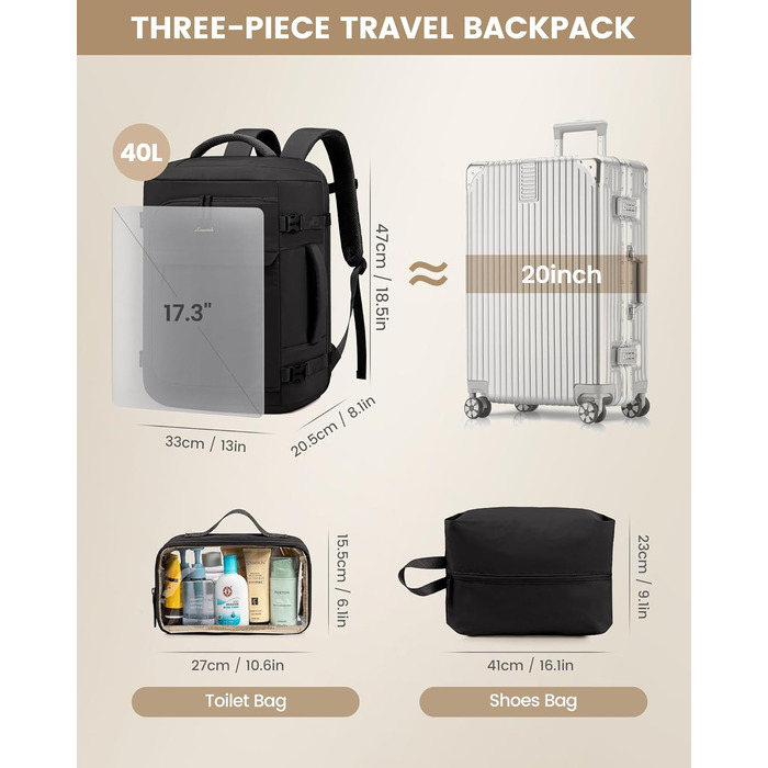 Чорний жіночий рюкзак LOVEVOOK 50L для подорожей, авіаперельотів та роботи, 17 дюймів