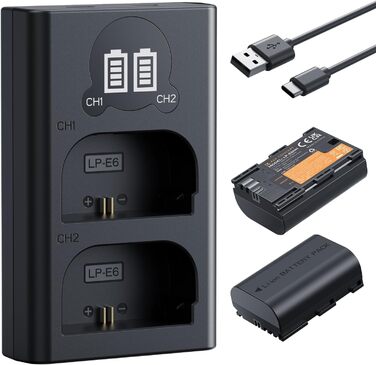 Акумулятор K&F Concept LP-E6NH 2600mAh (2 шт.) з зарядним пристроєм для Canon EOS R7, R5, R6, 6D II, 7D II, 60D, 70D, 80D, 90D