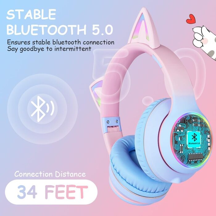 Дитячі навушники AXFEE з Bluetooth, Over-Ear з LED-підсвіткою, котячі вушка, рожево-блакитні, з мікрофоном та підтримкою Micro SD/TF для телефону/планшета/ПК