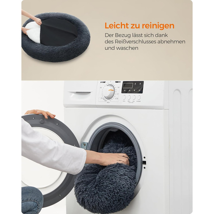 Кругле ліжко для собак та котів Feandrea з м'яким плюшем, діаметр 60 см, колір Ombré-Grey, знімний наповнювач, 90x90x20 см, темно-сірий