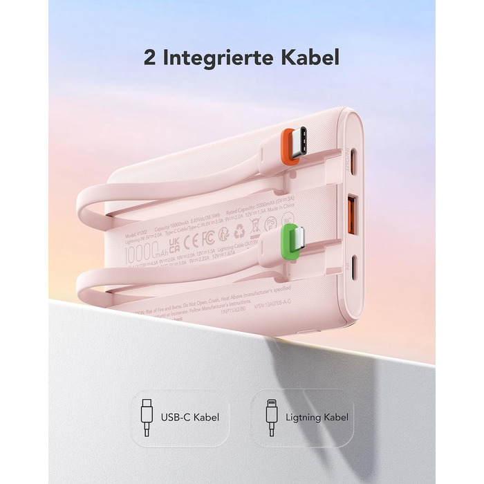 Повербанк VEGER 10000mAh 22.5W з вбудованим кабелем USB-C, рожевий