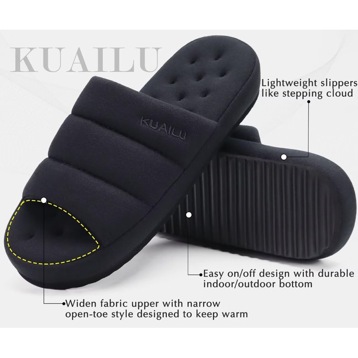 Чоловічі домашні тапочки KuaiLu, стильні, з м'якою устілкою з піною Memory Foam, чорні, 47 EU