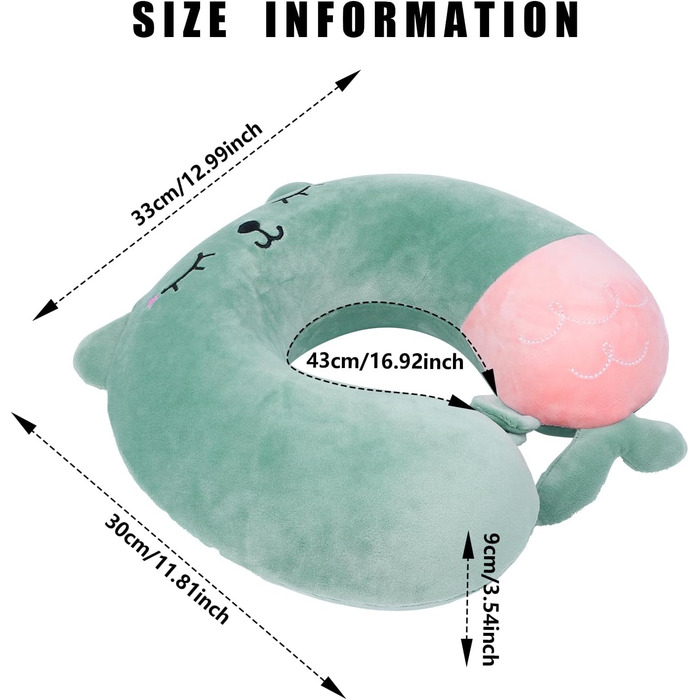 Подушка для шиї дитяча та доросла, у вигляді тваринки, 33x30 см, Memory Foam, для подорожей, літака (зелена)