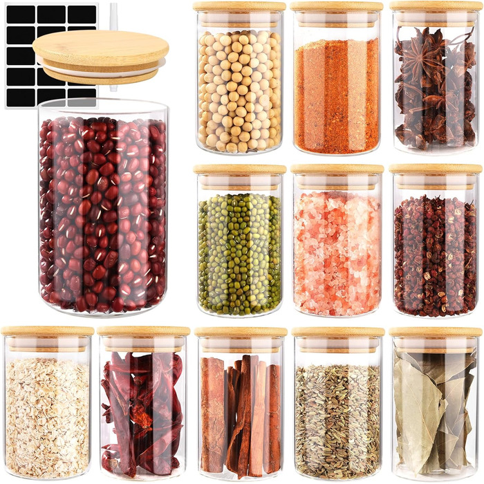 Набір скляних банок для спецій Cinnani 250 мл (12 шт) з дерев'яними кришками, герметичні, з етикетками