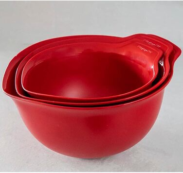 KitchenAid, Plastic, 3-Piece Mixing Bowl Set, Dishwasher Safe, Nesting, 3 Bowls with Non-Slip Base and Spout – Empire Red