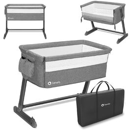 Lionelo Theo 2-in-1 Baby Cot, Travel Cot for Baby, Bedside Cot for Baby from Birth up to 9 kg, Height Adjustment, Recline Adjustment, Foldable Side Rail, Mattress, Mosquito Net (Grey) Grey 1 Piece (1-Pack)