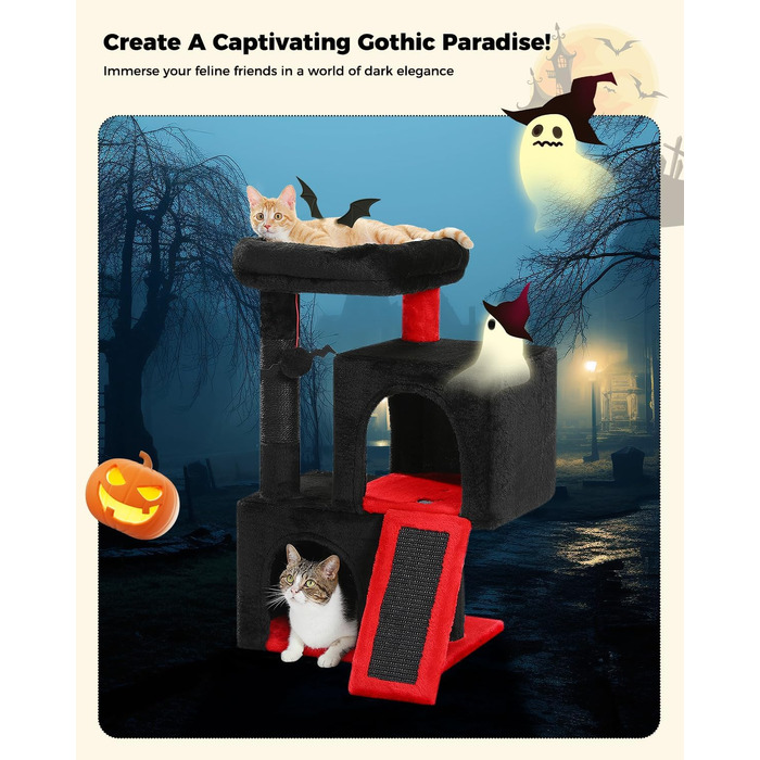 PETEPELA Scratching Post with Dual Condos for Apartment Cats, All-in-One Cat House with Padded Perch, Scratch Ramp & Post, and Replaceable Balls (Black, S 77cm)