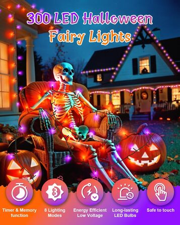 Гірлянда на Хелловін, 30м, 300 LED, оранжево-фіолетова, з функцією пам'яті та таймером, 8 режимів освітлення, вологостійка, для декорування інтер'єру та екстер'єру