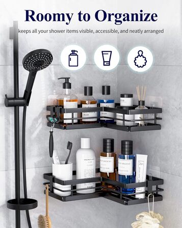 Поличка для душу Kitsure без свердління – 2 шт. Стабільне душове решітка без свердління з швидким стоком, нержавіючою статтю та міцним клейким кріпленням для ванної кімнати, 22,0 x 22,0 x 5,0 см, Чорний