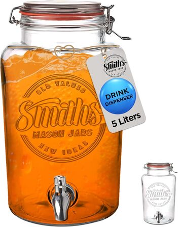 Скляна банка-диспенсер Smith's Mason Jars 5 л з нержавіючим краном, знімним фільтром, для лимонаду, напоїв, фруктів та трав