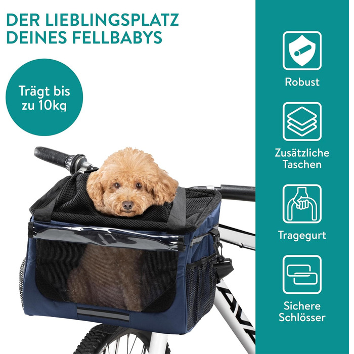 Корзина для собак Navaris на велосипед, передна, для собак до 10 кг, з додатковими кишенями, синього кольору