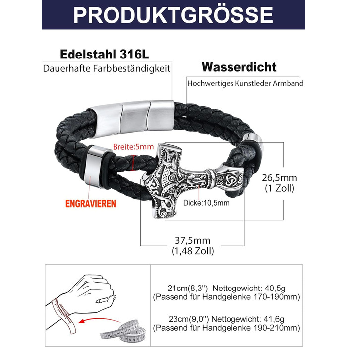 Чоловічий шкіряний браслет Bandmax Mjölnir/Totenkopf/Freimaurerei з гравіюванням, магнітна застібка, 23 см