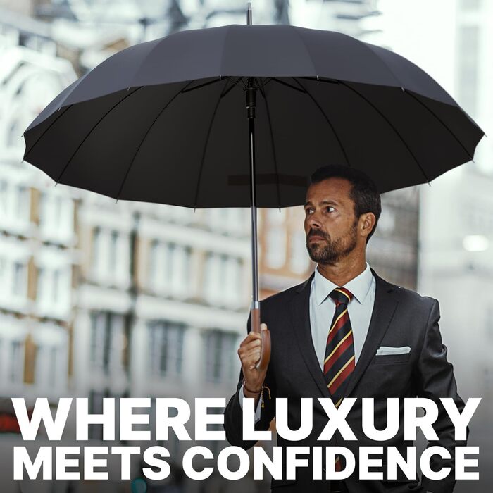 Гольф-парасолька Royal Walk XXL 54 дюйми (140 см) для 2 осіб, штормостійка, з дерев'яною ручкою, 16 ребер, чорна