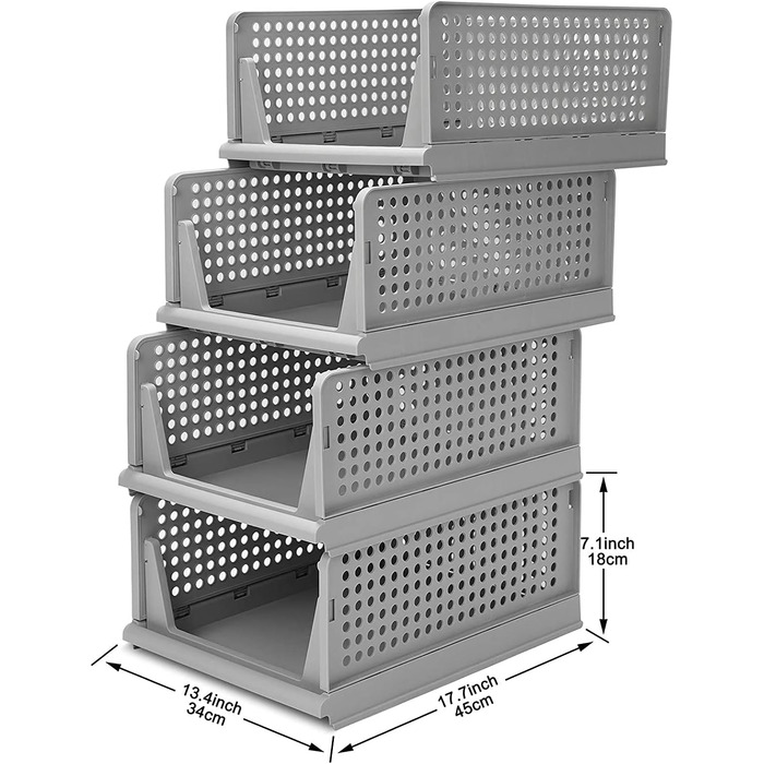 Set of 4 Stackable Folding Clothes Closet Storage Boxes, Plastic Closet Shelves, Closet Organizer Box, Pull-Out Drawer-Like Design, Suitable for Home, Bedroom, Kitchen (Gray)