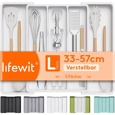 Органайзер для столових приборів Lifewit розсувний для шухляди, 33-57 x 38 x 5 см, білий. Підставка для ножів та виделок, пластик.