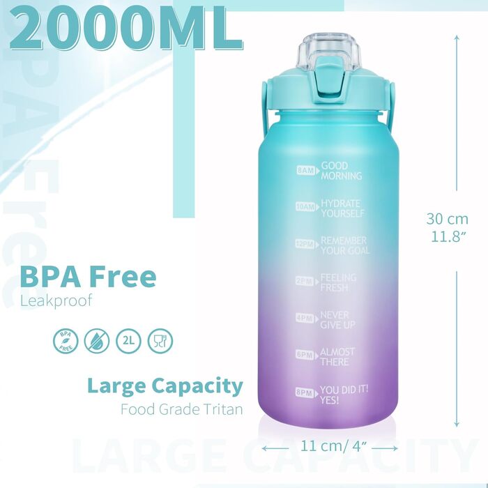 2L Tritan Water Bottle with Straw & Time Marker 2 liter BPA-free Motivational Water Bottle with Clock Large Sports Bottle for Gym, Fitness, Hiking (Cyan / Purple)